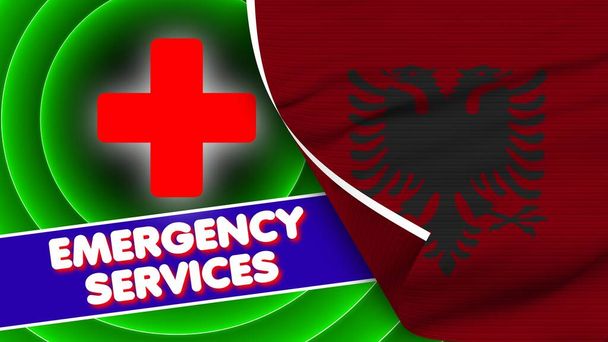 Η Αλβανία Ρεαλιστική Σημαία με Υπηρεσίες Έκτακτης Ανάγκης Τίτλος Υφασμάτινη Επίδραση 3D Εικονογράφηση - Φωτογραφία, εικόνα