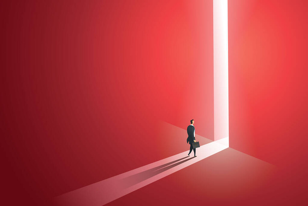 Empresario caminando ir al frente de la gran puerta brillante brillante brillante en la pared roja del agujero en las caídas de luz. ilustración Vector - Vector, imagen