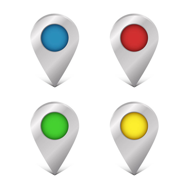 Kaart pin icoon set. Lege locatiepunter. Vector illustratie geïsoleerd op witte achtergrond. Navigatie tag template met schaduw in vier kleuren: rood, groen, blauw en geel. - Vector, afbeelding