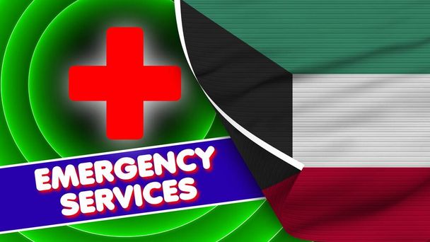 Kuwait Realistic Flag with Emergency Services Title Fabric Texture Effect 3D Illustration - Fotó, kép