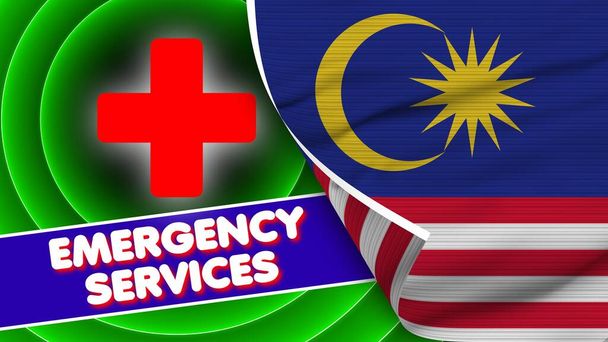 Malaysia realistische Flagge mit Rettungsdiensten Titel Stoff Textur Effekt 3d Illustration - Foto, Bild