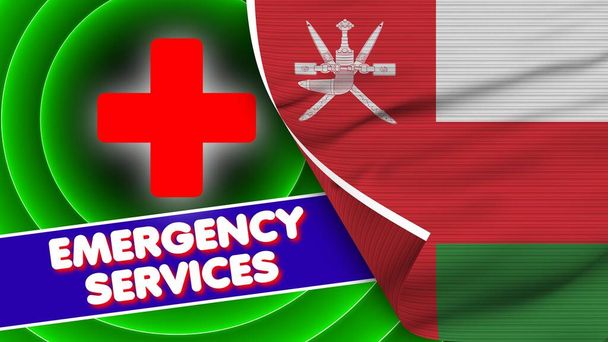 Oman Realistic Flag with Emergency Services Title Fabric Texture Effect 3D Illustration - 写真・画像