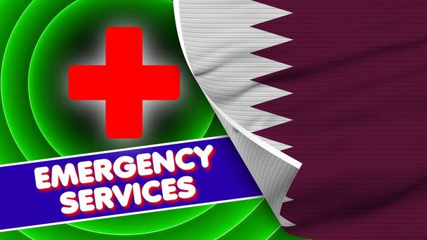 Qatar Realistic Flag with Emergency Services Title Fabric Texture Effect 3D Illustration - Foto, Imagen