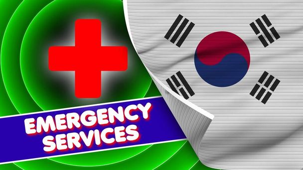 Südkorea realistische Flagge mit Rettungsdiensten Titel Stoff Textur Effekt 3d Illustration - Foto, Bild