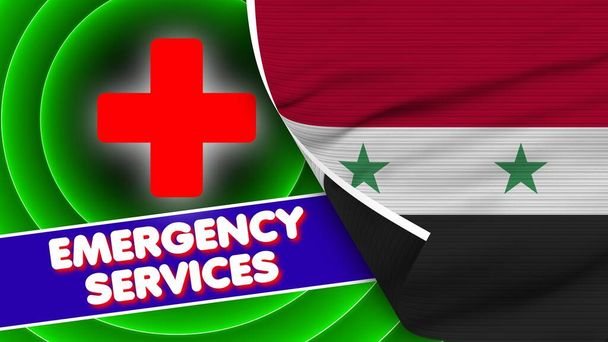 Сирия реалистичный флаг с заголовком службы экстренной помощи текстура эффект 3D иллюстрация - Фото, изображение
