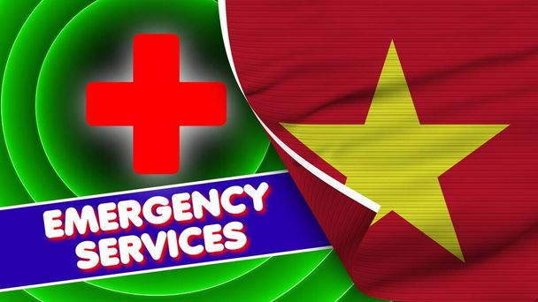 Vietnam Realistic Flag with Emergency Services Title Fabric Texture Effect 3D Illustration - 写真・画像