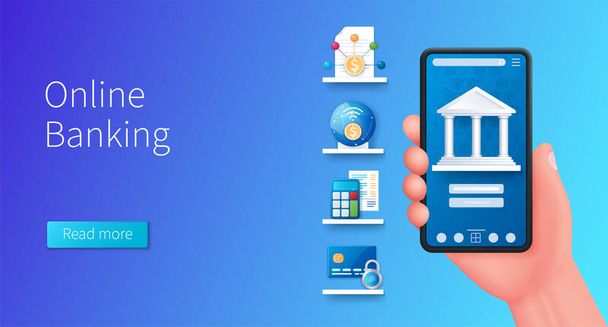 Online banking banner. Hand holds smartphone with bank building icon on screen. Web vector illustrations in 3D style - Vector, Image