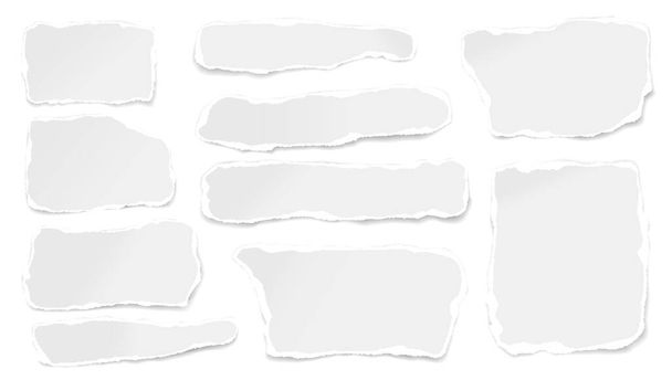 Set di note bianche strappate, strisce di carta per notebook incollate su sfondo bianco per testo, pubblicità. Illustrazione vettoriale - Vettoriali, immagini