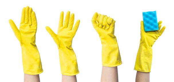 Concetto di pulizia, mani in guanti di gomma gialla in diversi gesti e spugne, banner per servizi di pulizia - Foto, immagini