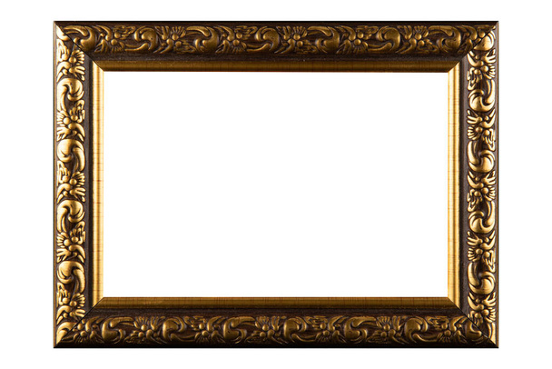 ゴールドクラシックオールドヴィンテージ白い背景に隔離された木製のモックアップキャンバスフレーム。ブランク美しく多様な被写体成形バゲット。デザイン要素。絵画や鏡や写真の額装に使用します. - 写真・画像