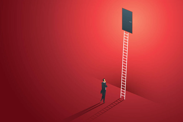 Zakenman staande denken kijkt naar deur op muur rood op pad ladder om succes te bereiken. illustratie Vector - Vector, afbeelding