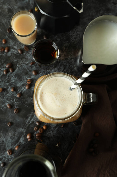 Concept of making Irish coffee on black smokey table - Photo, Image