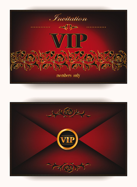 Elegant vintage vip invitation envelope with floral elements on the red background - Vector, Imagen