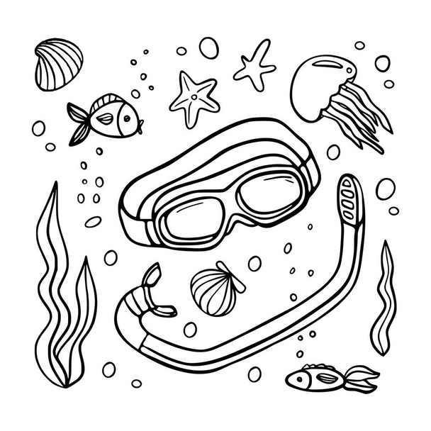 Set attrezzatura subacquea, pesci, alghe, meduse, bolle, icona doodle isolata su sfondo bianco, schizzo nero per libro da colorare, carte, t-shirt. Illustrazione vettoriale. - Vettoriali, immagini
