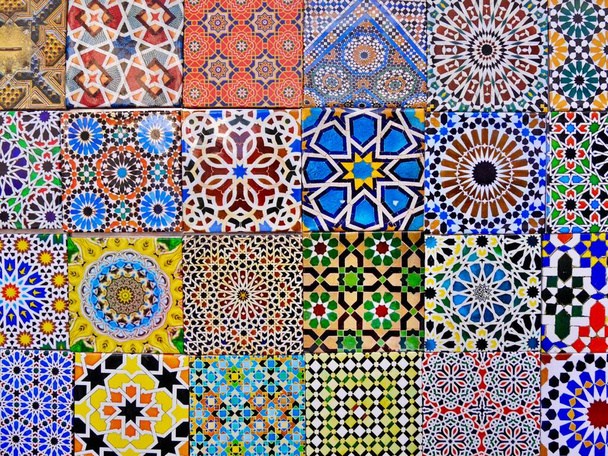 Beautifully patterned tiles in vibrant colours with Arabic influence. High quality photo - Fotoğraf, Görsel