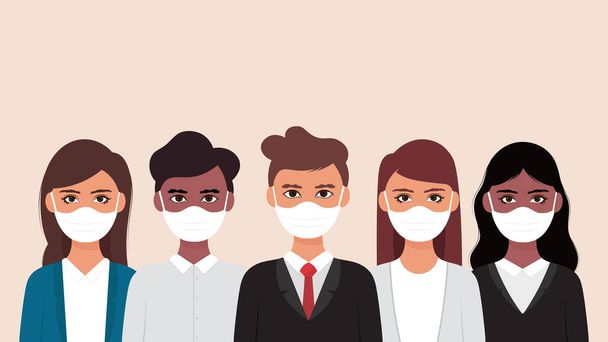 Gruppo di persone che indossano una maschera medica per prevenire la corona virus.vector illustrazione in uno stile piatto - Vettoriali, immagini