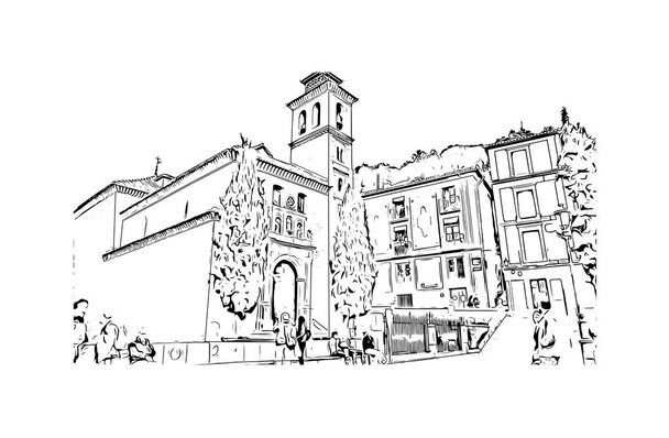 Printansicht mit Wahrzeichen von Granada ist eine Stadt im Süden Spaniens. Handgezeichnete Skizzenillustration im Vektor. - Vektor, Bild