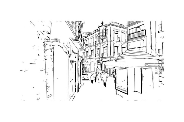 Drukuj Widok budynku z zabytkiem Granady to miasto w południowej Hiszpanii. Ręcznie rysowany szkic ilustracji w wektorze. - Wektor, obraz
