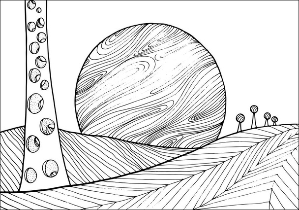 Doodle paesaggio fantasia aliena con pianeti sulla pagina da colorare cielo per adulti. Fantastica grafica psichedelica. Illustrazione piatta semplice disegnata a mano vettoriale. - Vettoriali, immagini