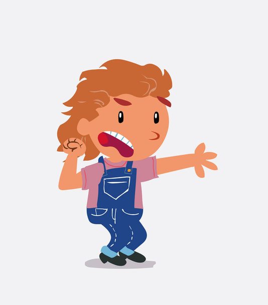Personaje de dibujos animados muy enojado de niña en jeans apuntando a algo - Vector, imagen