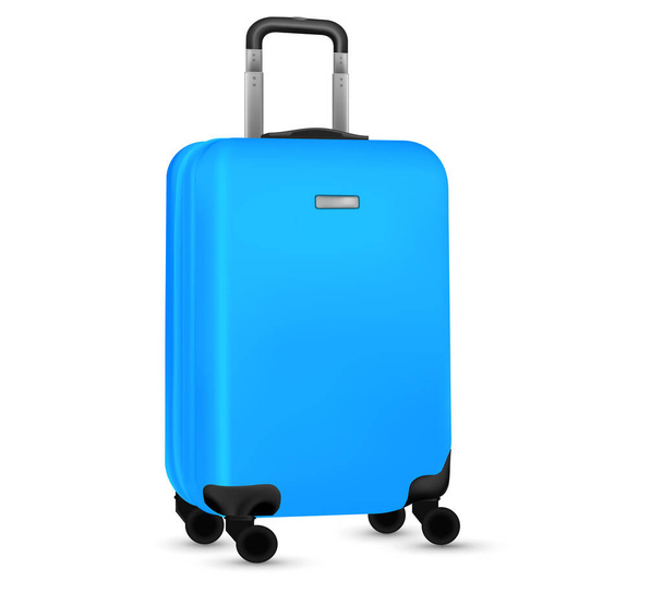 Travel suitcase isolated. Set of blue plastic luggage or vacation baggage bag on white background. Design of summer vacation holiday concept. - Vektor, obrázek