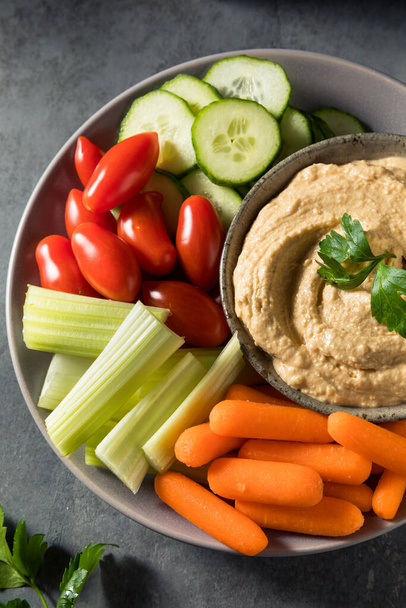 Healthy Homemade Veggie Hummus Plate with Carrot Tomato and Celery - 写真・画像