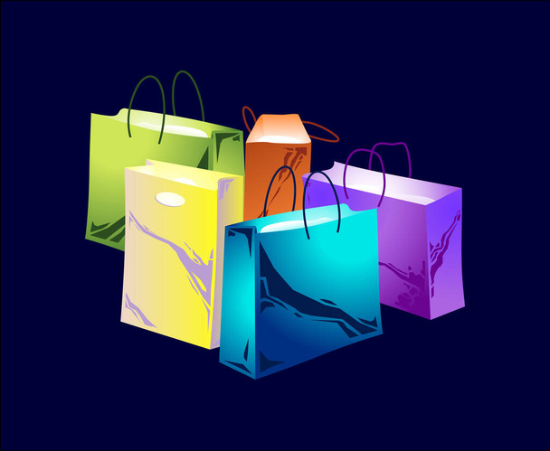 Barevné značkové nákupní tašky. Nákupní tašky, symboly nákupních tašek, výběr stylových nákupních tašek - Vektor, obrázek