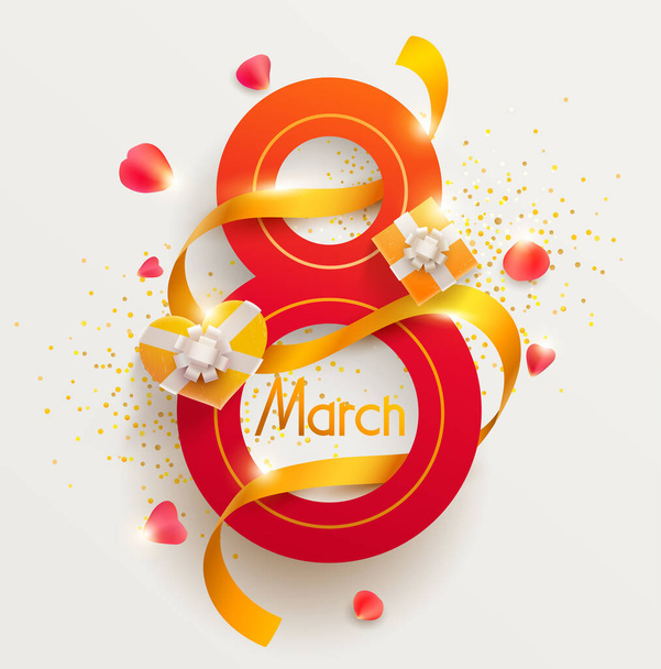 March 8 - international women's day. Red numeral 8 with golden ribbon and gift. Greeting card design. - ベクター画像