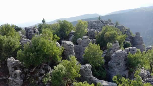 Granit kaya oluşumları ve yeşil bitki örtüsü. Arkaplanda dağların görüntüsü. - Video, Çekim
