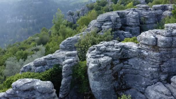 Hihetetlen szürke kőképződmények. Szcenikus táj kilátás sziklás sziklák zöld fák. - Felvétel, videó