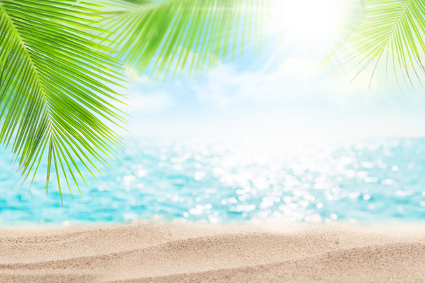Mer d'été avec vagues scintillantes, feuilles de palmier, plage de sable et ciel bleu ensoleillé avec soleil et nuages. Voyage flou et vacances en toile de fond - Photo, image