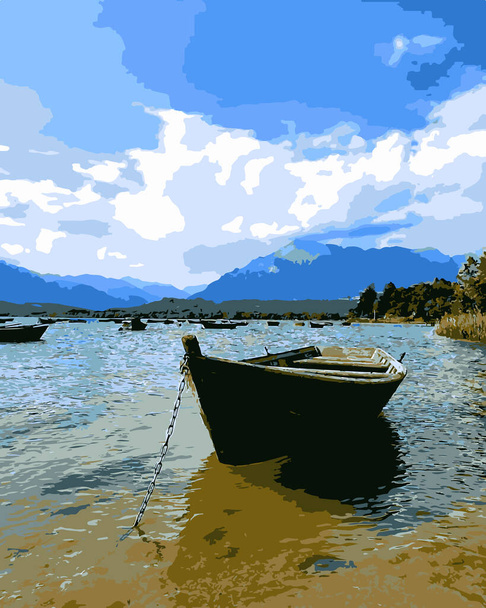 векторная иллюстрация, деревянная лодка в озере на фоне облачного неба, пейзаж - Вектор,изображение