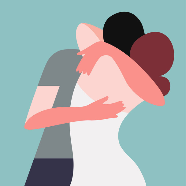 wektorowa ilustracja dwojga zakochanych osób przytulających się w ładnej palecie kolorów. może być wykorzystywana jako karta na Walentynki lub Międzynarodowe Dni Uścisku, do druku, zaproszeń ślubnych, do projektowania graficznego i internetowego. - Wektor, obraz