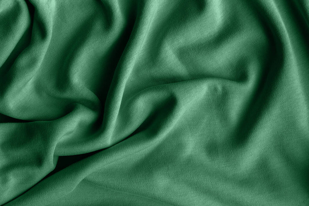 Bavlněná textura Jersey. Zmačkané teal zelené textilní pozadí - Fotografie, Obrázek