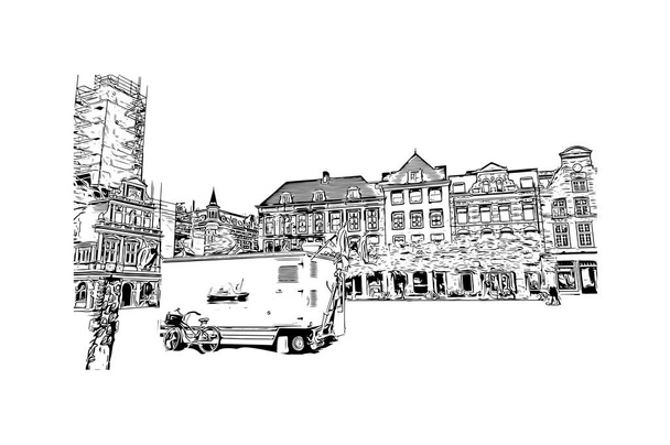 Print Gebouwenzicht met herkenningspunt Haarlem is de stad in Nederland. Handgetekende schets illustratie in vector. - Vector, afbeelding