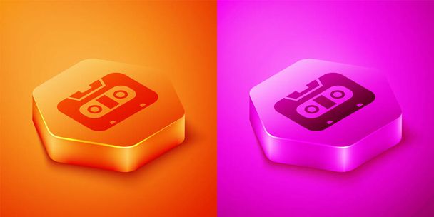 Isometric Retro audio cassette tape icon isolated on orange and pink background. Hexagon button. Vector. - Vecteur, image