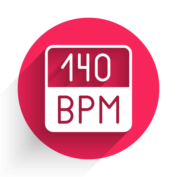 White Bitrate icon isolated with long shadow. Music speed. Sound quality. Red circle button. Vector. - Vector, Image