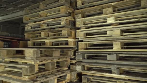 Wooden Euro pallets for the transfer of goods to customers. Used in stock. - Footage, Video
