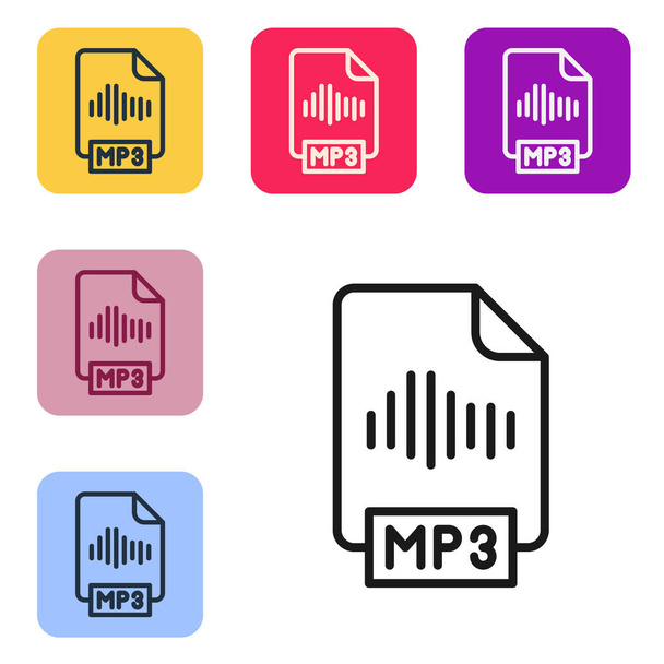 schwarze Linie mp3-Datei Dokument. mp3-Symbol auf weißem Hintergrund isoliert herunterladen. mp3 Musikformat Zeichen. mp3-Dateisymbol. setzen Sie Symbole in farbigen quadratischen Buttons. Vektor. - Vektor, Bild