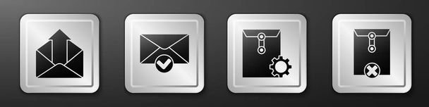 Set Outgoing mail, Envelope and check mark, Envelope setting and Delete envelope icon. Silver square button. Vector. - Vetor, Imagem