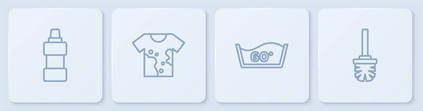Set line Bottle for cleaning agent, Temperature wash, Dirty t-shirt and Toilet brush. White square button. Vector. - Vecteur, image