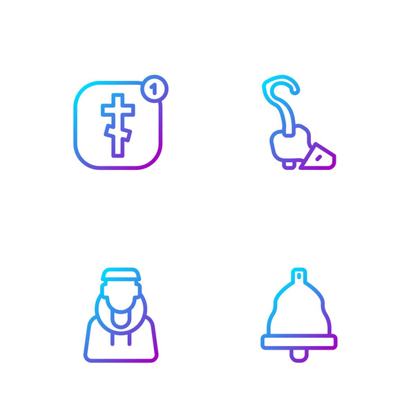 Set line Church bell, Monk, Online church pastor preaching and Magic staff. Gradient color icons. Vector. - Vecteur, image