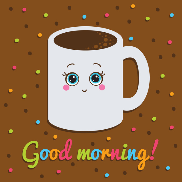 Good morning, inscription. Card. Smiling with a cup of coffee. - Vector, Image