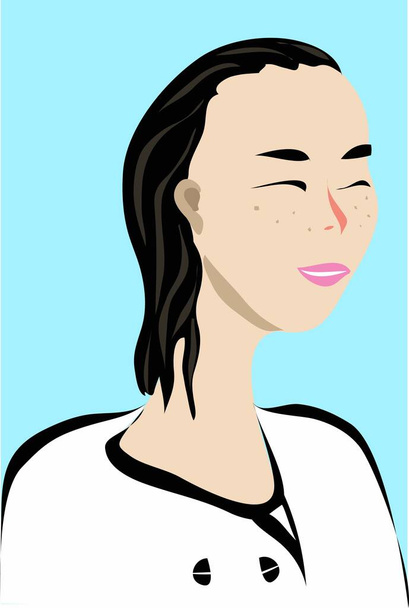  приваблива азіатська дівчина з веснянками та чорними віями та темним довгим волоссям у білій блузці з чорними гудзиками на синьому фоні
 - Вектор, зображення