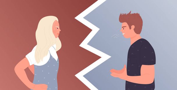 Couple people talk in anger, domestic violence, angry husband screaming at disagree wife - Vector, Image