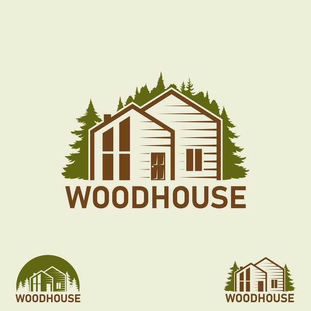 Σπίτι από ξύλο λογότυπου και δάσος. Σπίτι προς πώληση πινακίδα. - Διάνυσμα, εικόνα