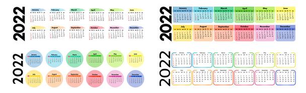 Conjunto de cuatro calendarios horizontales para 2022 aislados sobre fondo blanco. De domingo a lunes, plantilla de negocios. Ilustración vectorial - Vector, Imagen