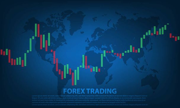 Grafico del candeliere nell'illustrazione vettoriale del mercato finanziario su sfondo blu. Forex trading concetto di progettazione grafica - Vettoriali, immagini