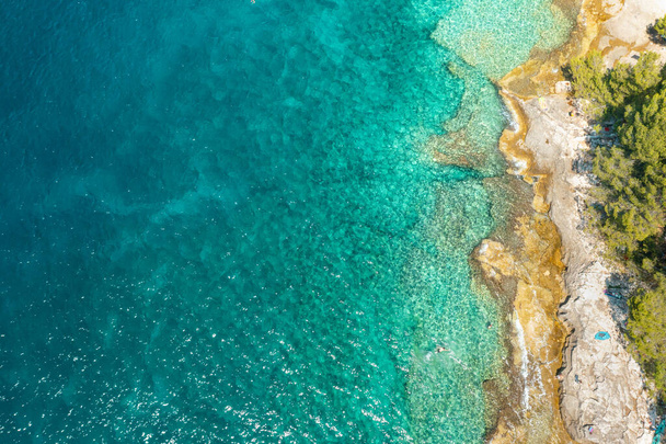 Πάνω άποψη της βραχώδους ακτής στα γαλαζοπράσινα νερά της Αδριατικής Θάλασσας με αντιγραφικό χώρο. - Φωτογραφία, εικόνα