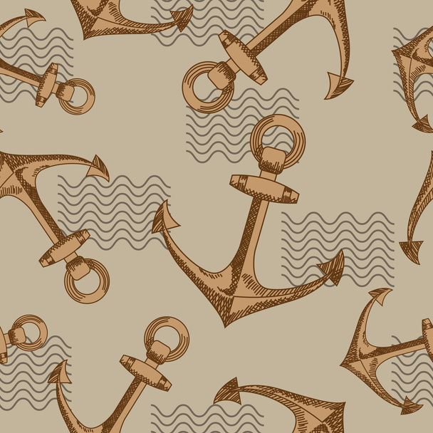 Anchors and waves. Seamless vector pattern. - Διάνυσμα, εικόνα